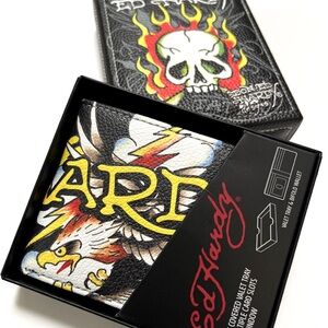 Ed Hardy Bifold Wallet Skull Eagle Flame Graphic w Valet Tray NWT Black